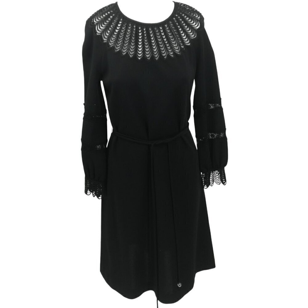 Vintage 70s Black Crochet Lace Puff Sleeve Midi Dress Size 8 M Goth Witchy Belt
